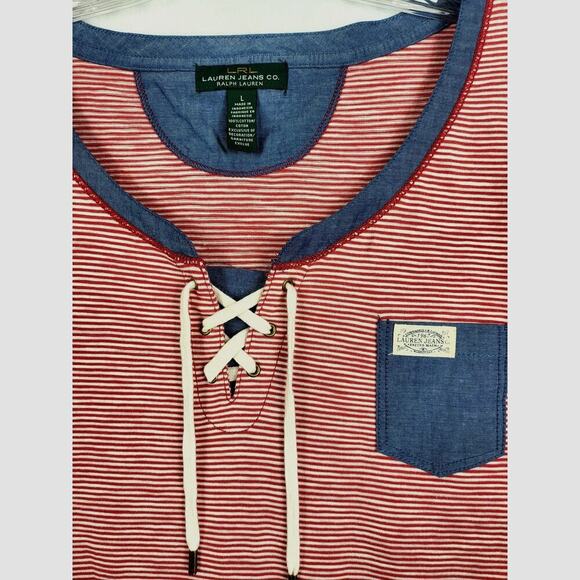 LRL Lauren Jeans Co Short Sleeve Top Nautical Red Cotton Striped Large #696 - Picture 2 of 14